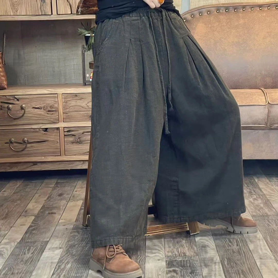 [四月阳光]冬季夹薄棉亚麻炒色做旧休闲直筒棉裤(长85臀围152)