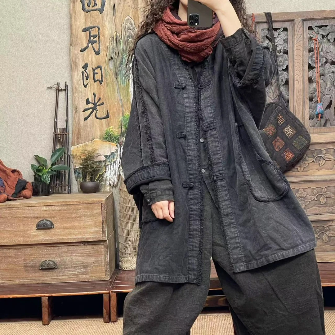 [四月阳光]秋季双层亚麻炒色做旧毛边国风休闲外套(长91胸围142)