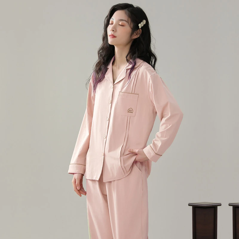 2023春秋季简约风休闲睡衣女款纯棉韩版长袖开衫新款家居服套装