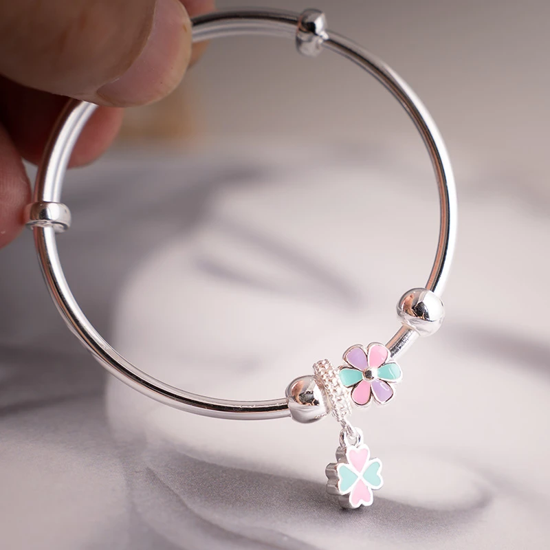 足银手镯 女款手工时尚经典镯子百搭可调节9999纯银中童银手镯