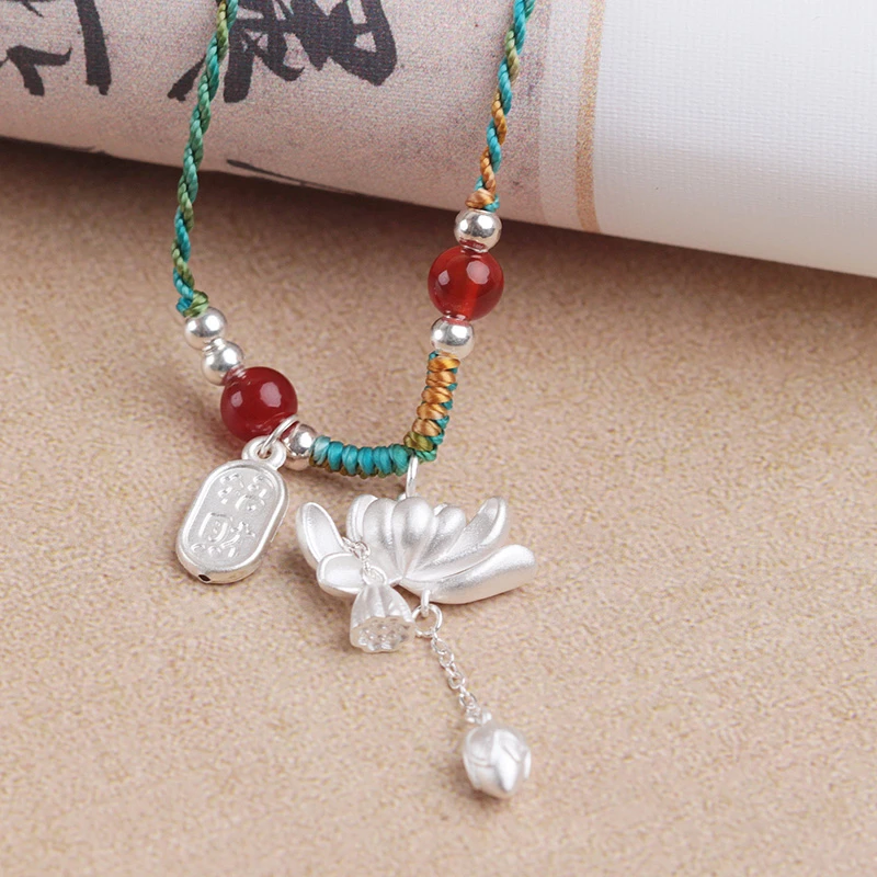 吊坠足银布艺 民族风纯手工999纯银项链国风足银饰品莲花吊坠手作