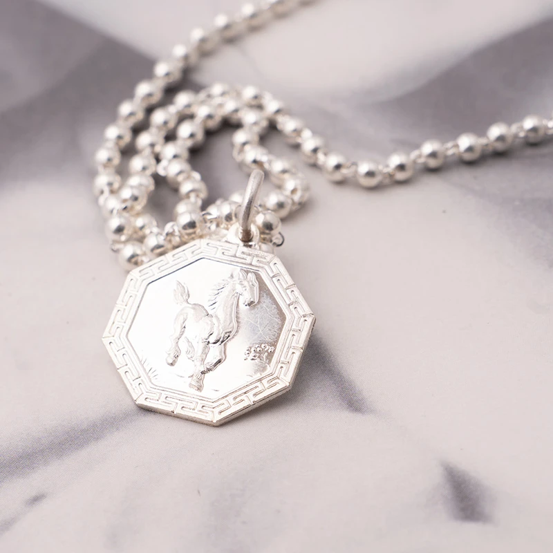 坠链均足银 999纯银项链时尚百搭十二生肖民族风坠链素款圆珠链