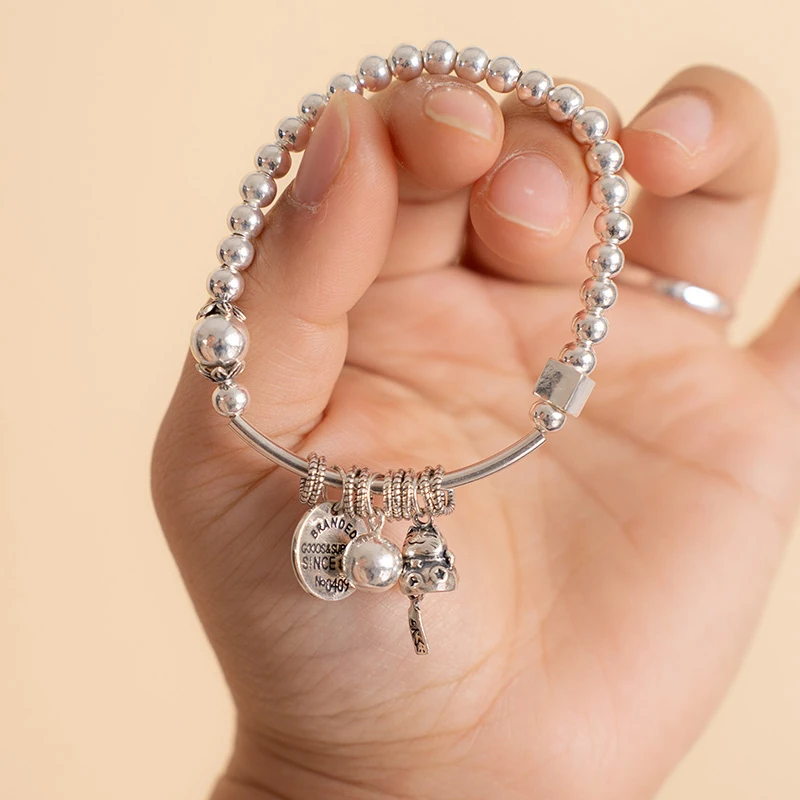 大广圆 足银手链 潮时尚百搭复古个性光珠民族风999纯银素款古风