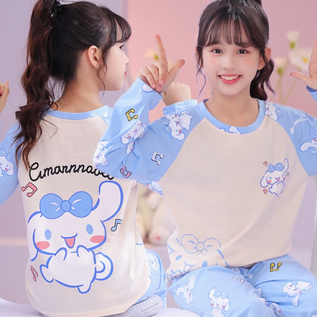 新款春秋款卡通可爱长袖儿童睡衣女童圆领套头家居服两件套可外穿