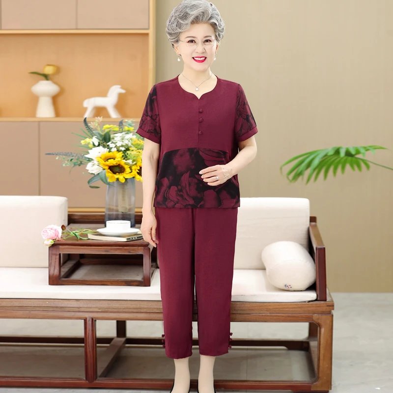 中老年妈妈装夏装套装老人衣服女奶奶装老太太宽松大码休闲两件套