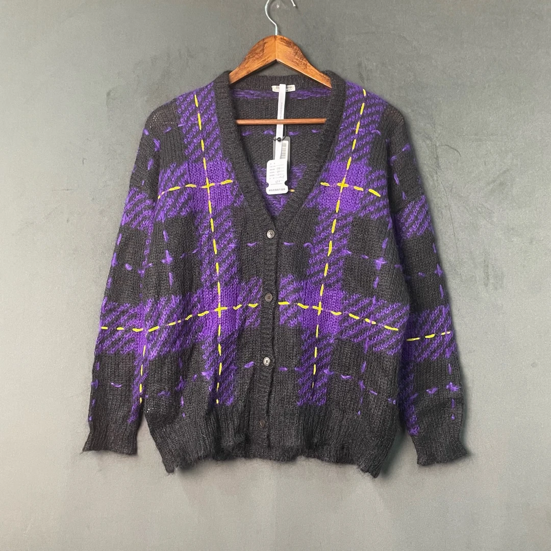 Miumiu/缪缪 蓝黑拼接格纹马海毛开衫 38码/全新带吊牌 公价11650
