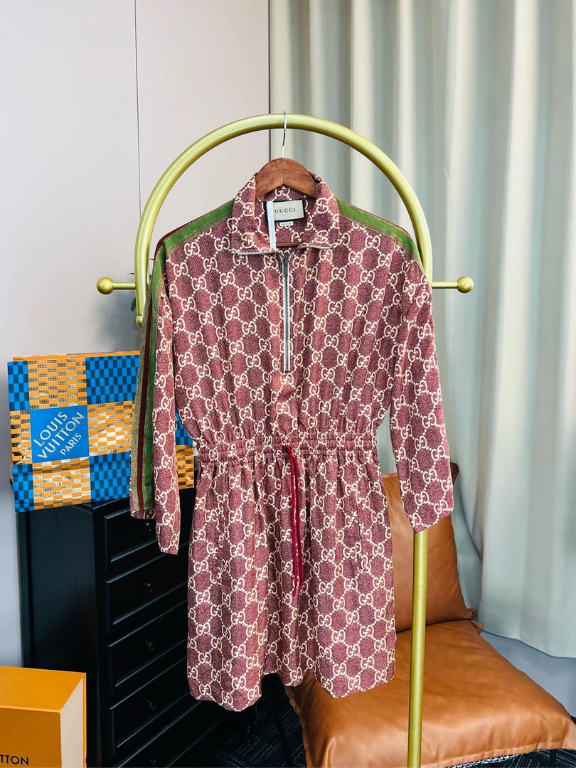 Gucci/古驰 棕色满印半拉链金丝连衣裙 S码 99新/无配件
