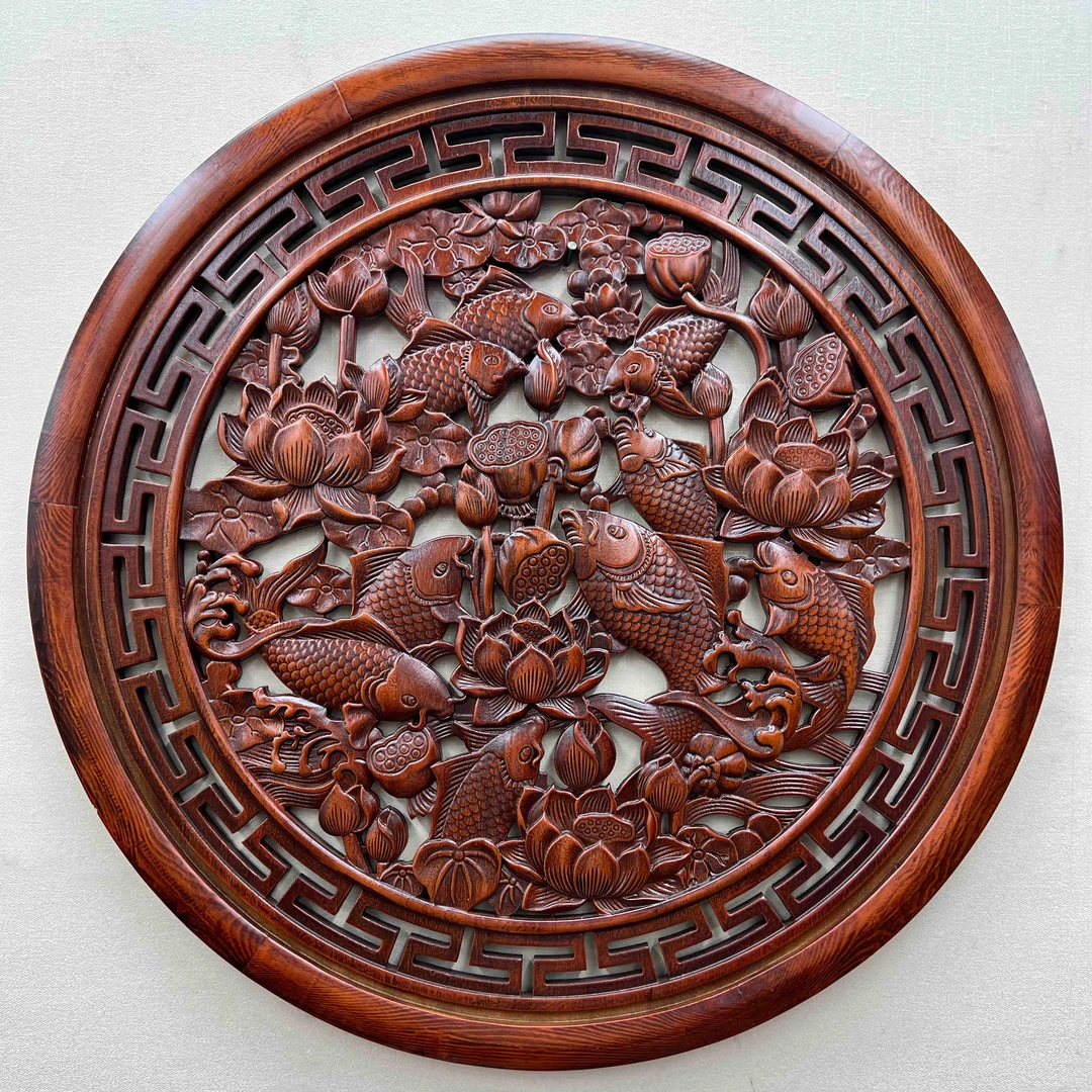 九鱼荷花 80CM直径圆形香樟木挂件客厅卧室走廊玄关背景