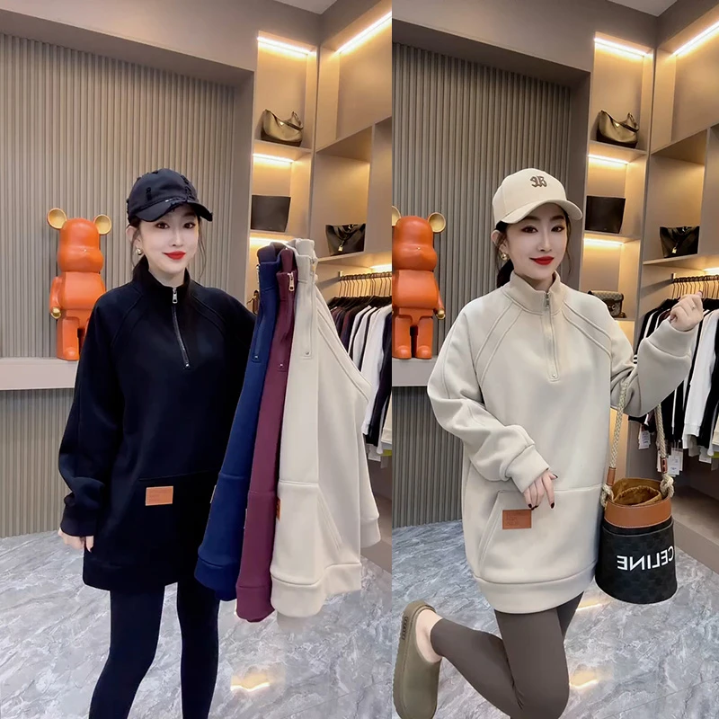 秋冬款加绒拉链卫衣女2024年韩版纯色简约宽松遮肉中长款休闲上衣