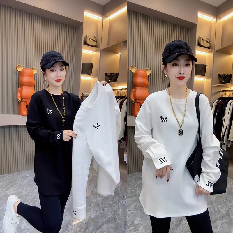 刺绣字母中长款长袖打底衫韩版秋冬季新款宽松显瘦休闲t恤女上衣