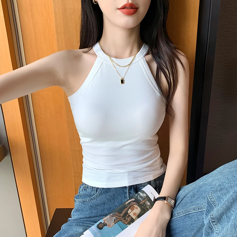 白色挂脖小吊带背心女内搭带胸垫美背文胸一体内衣夏外穿显瘦打底