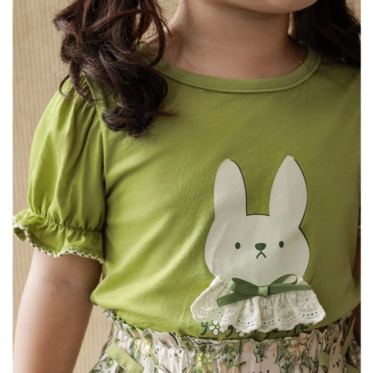 【清】幼悠数码印镂空提花 花间白兔T恤 X3958