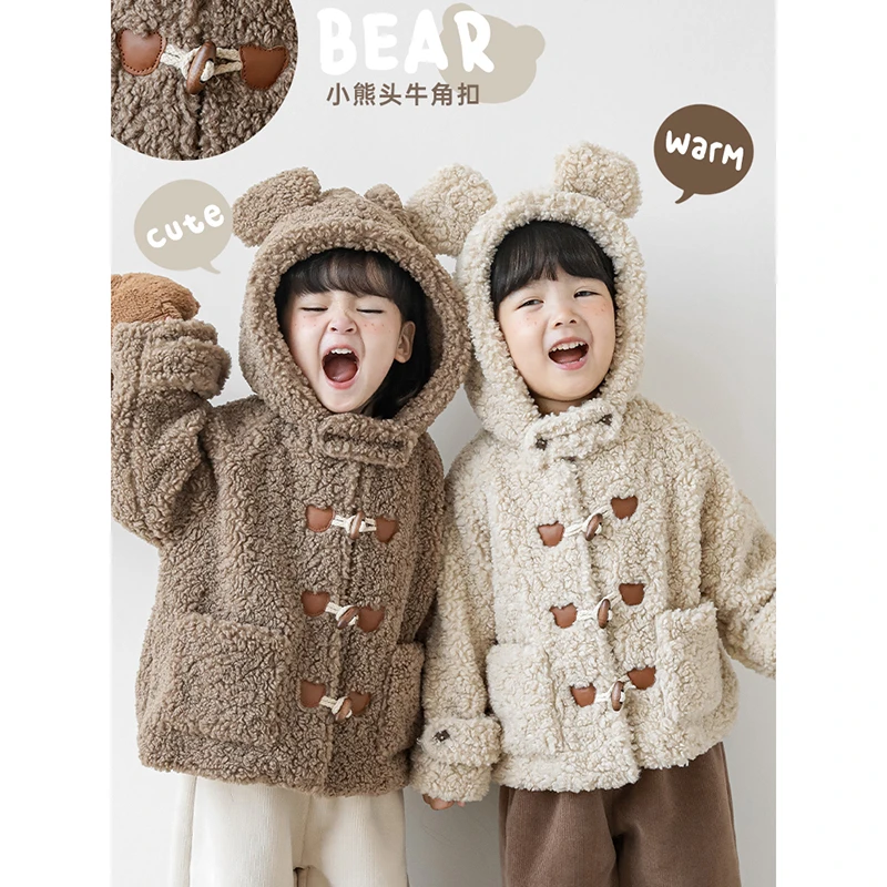 幼悠韩版加厚冬季熊熊牛角耳连帽熊头加绒保暖洋气毛绒外套D2318