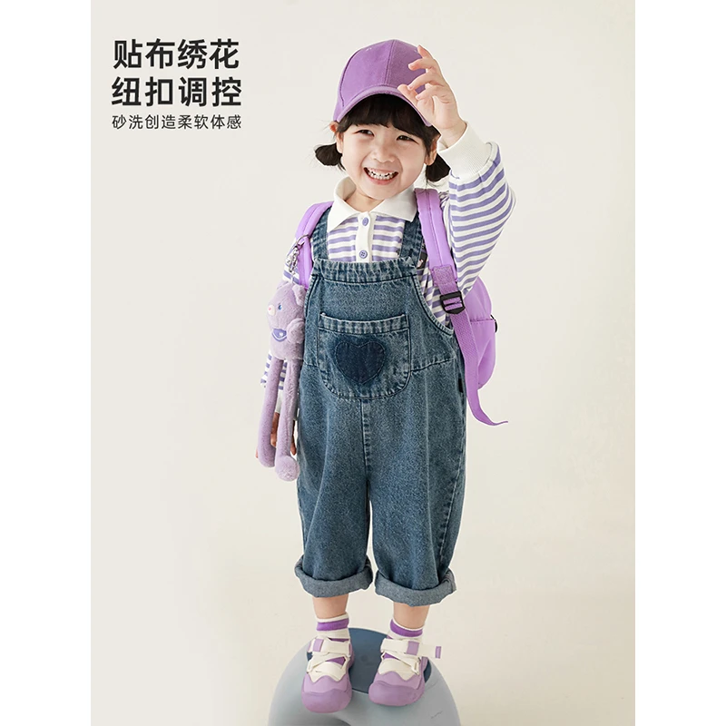 幼悠深刻节奏 爱心贴布绣 牛仔调节背带裤C2710