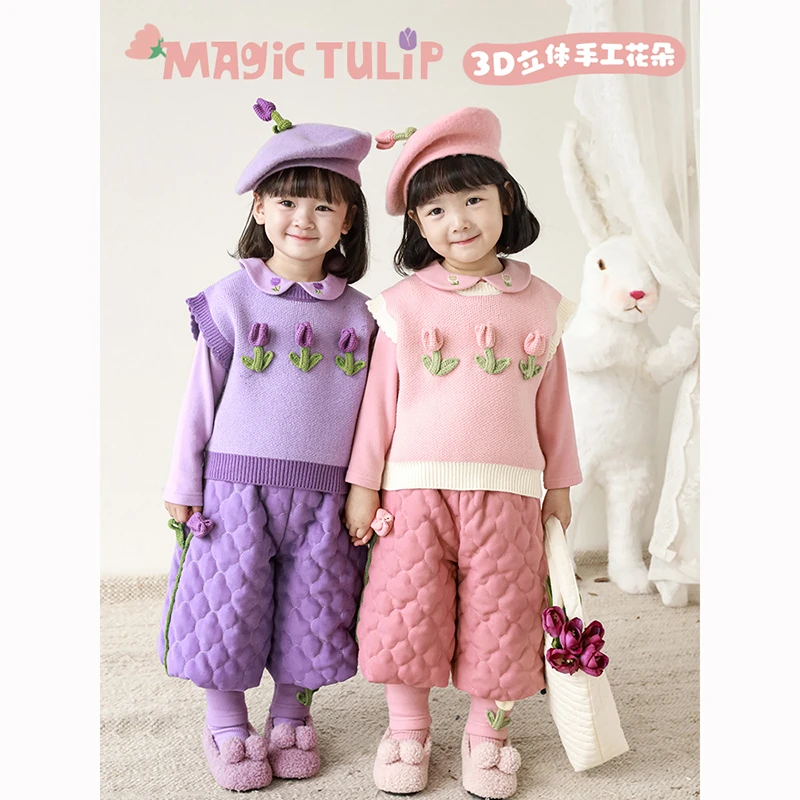 【清】幼悠女童 秋冬立体花朵 双色芝麻点花边马甲D2741