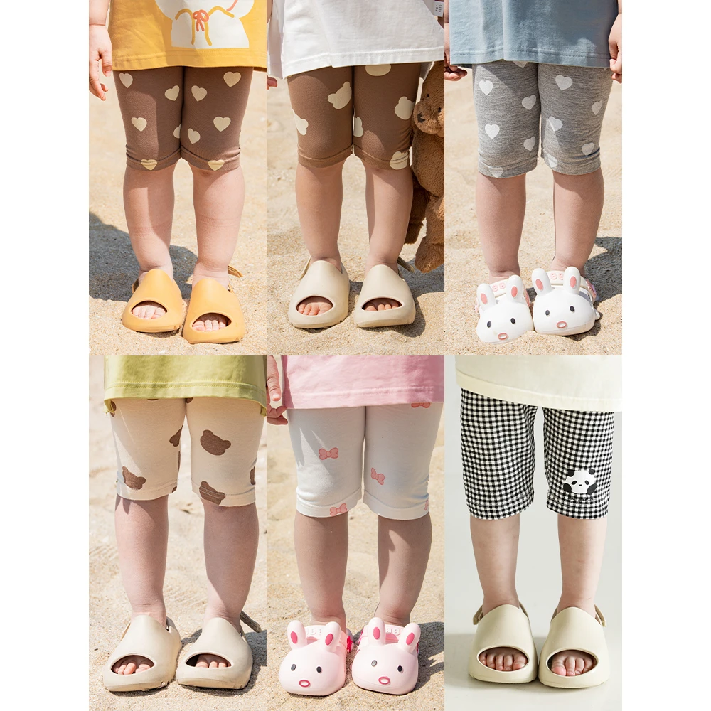 【清】儿童休闲宽松五分裤卡通小熊弹力格子裤 X2730