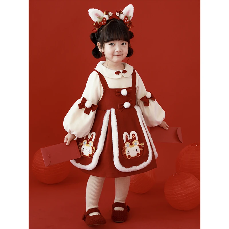 【过年放假清】YOYO绣标蝴蝶结毛球 中式萝莉背带裙D2627-1