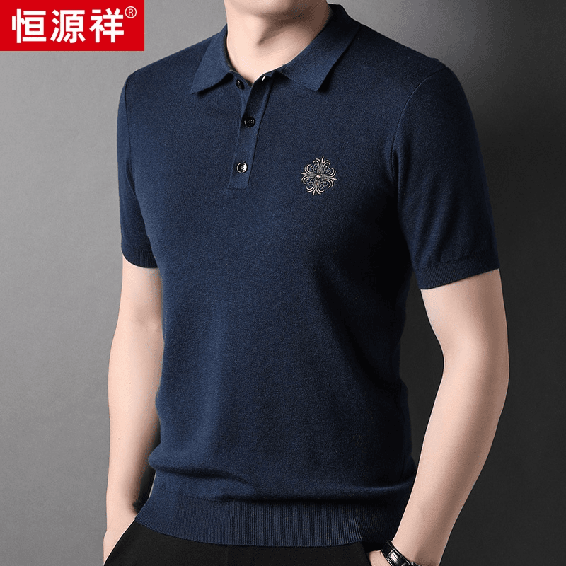 恒源祥春秋新款男士刺绣绵羊毛衫短袖t恤中年翻领纯色针织衫毛衣