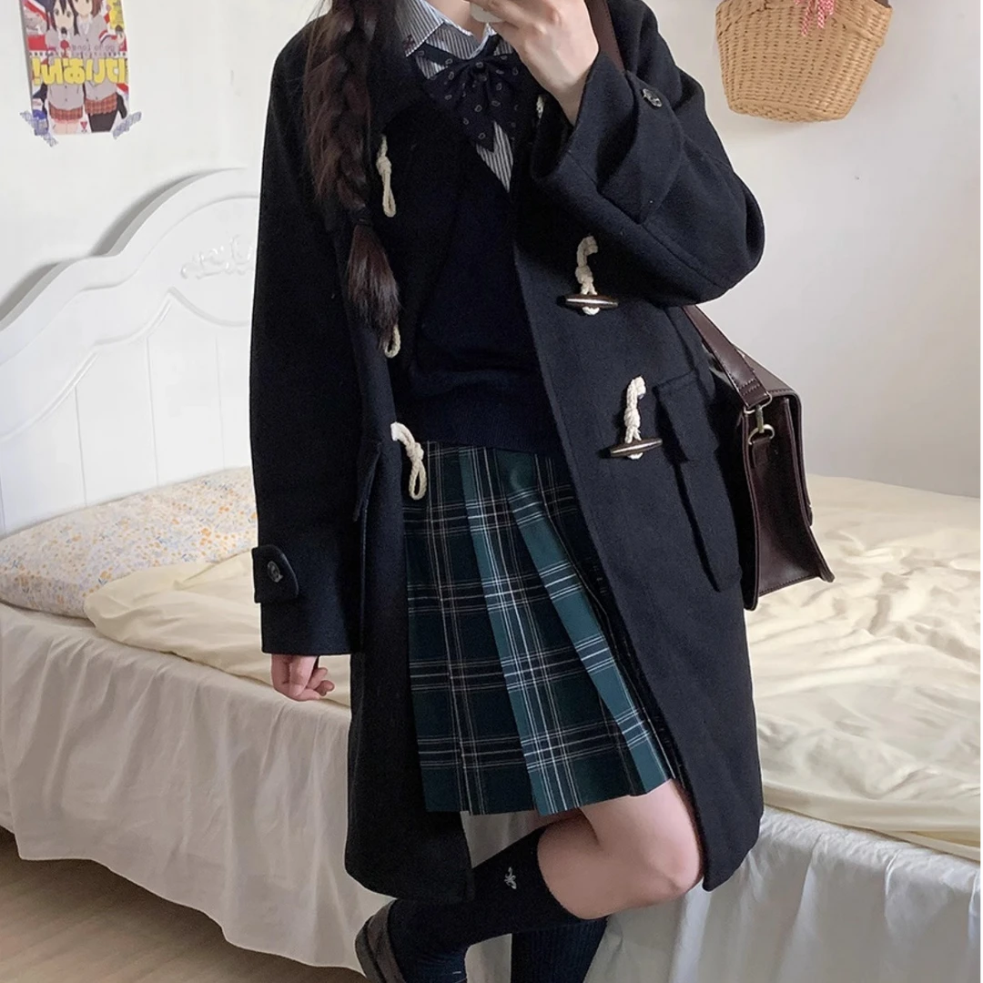 秋冬季毛呢大衣牛角扣JK制服外套绀色中长款小个子加厚校供jk套装