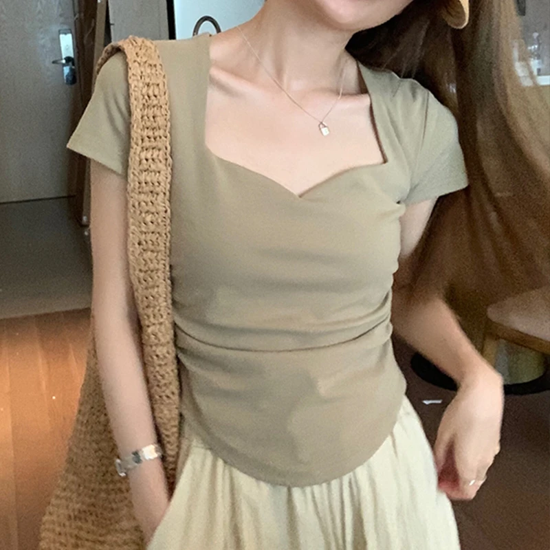 法式修身v领短袖T恤女夏季新款不规则百搭正肩气质上衣设计感小众