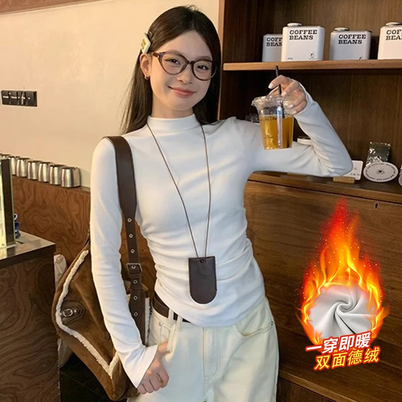 翰代维德绒半高领打底衫女秋冬内搭褶皱修身显瘦长袖T恤保暖上衣