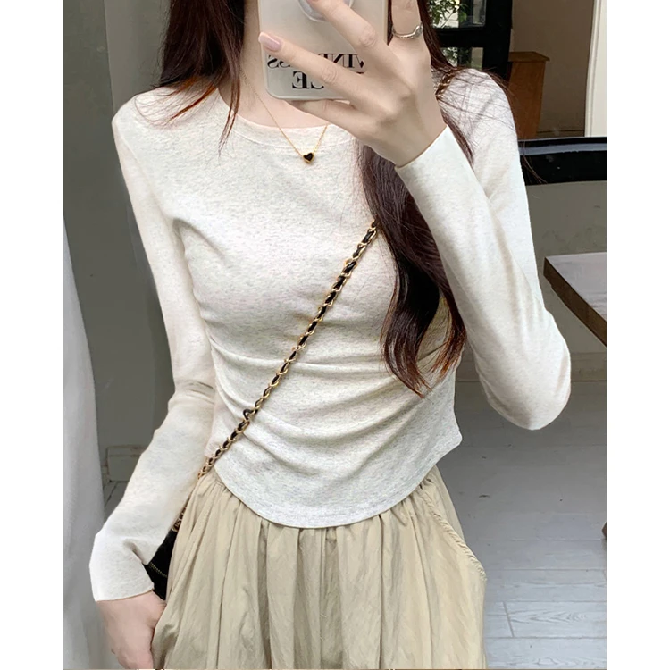 翰代维纯色短款辣妹长袖T恤打底衫女春秋季新款百搭修身显瘦上衣