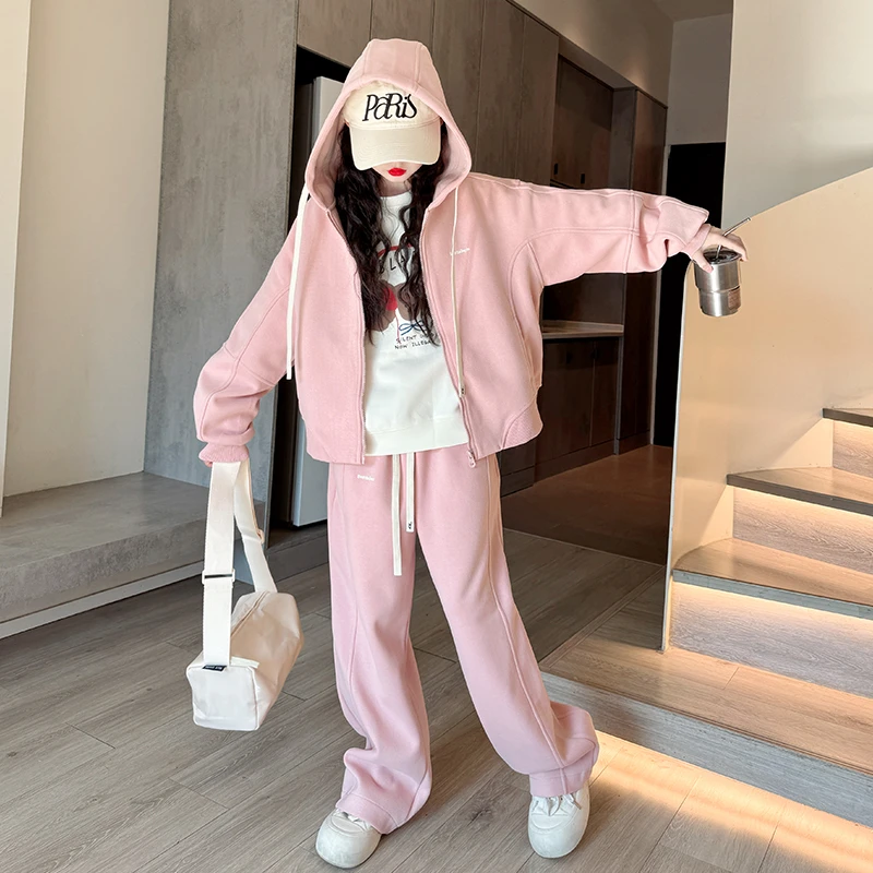 女童春装套装2025新款儿童连帽上衣女孩大童早秋休闲阔腿裤两件套