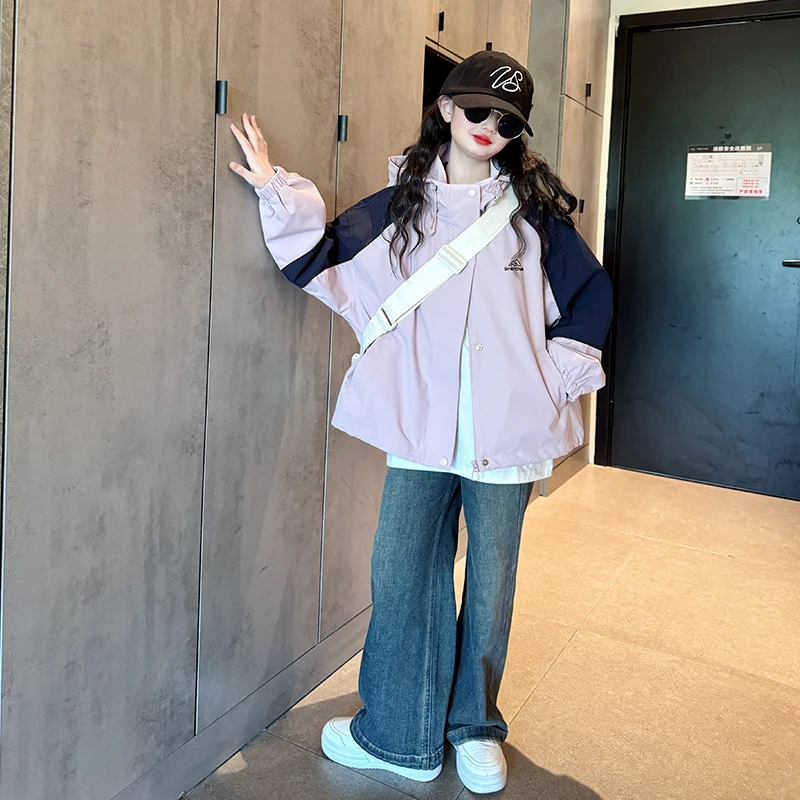 女童秋季洋气冲锋衣外套中大童拼接撞色小女孩时尚拼色外套潮