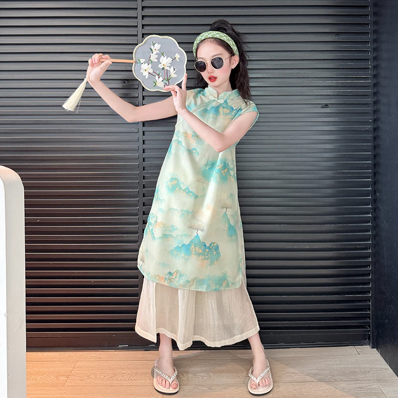 国风连衣裙女童2024新款夏装女大童古风裙子夏季薄款儿童旗袍套装