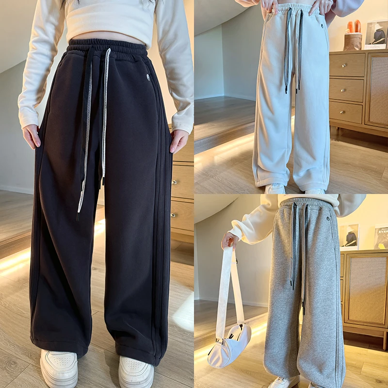 女童裤子秋冬款2024新款儿童秋装加绒阔腿裤大童女孩冬季保暖长裤