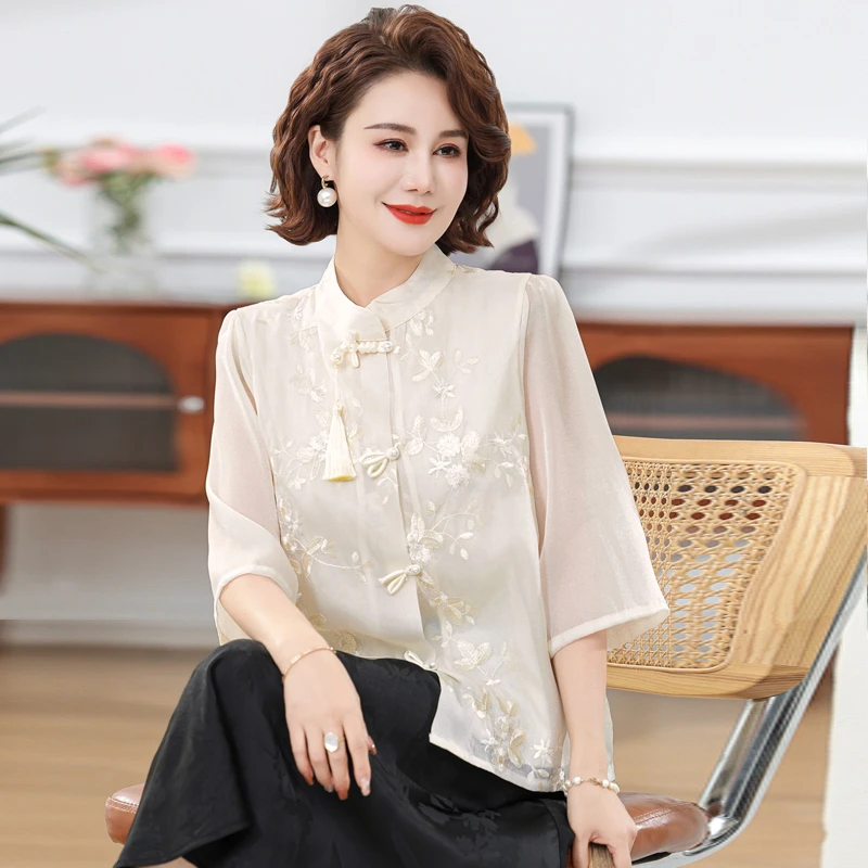 妈妈夏装新中式国风刺绣流苏立领雪纺衬衫薄款减龄中年女气质衬衣