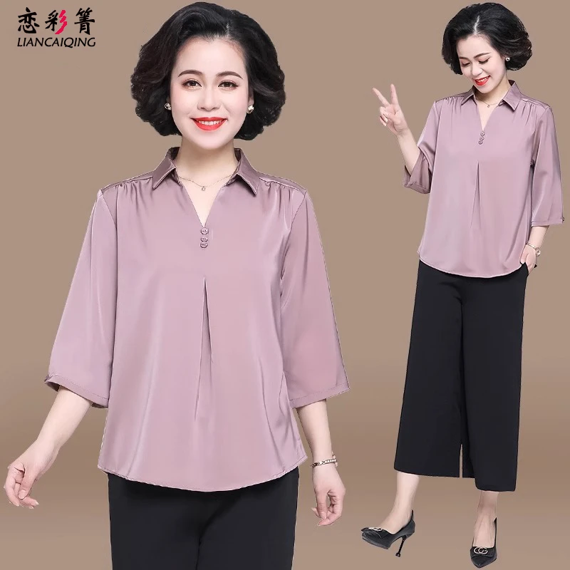 妈妈七分袖上衣新款洋气中老年人套装女秋装气质春秋雪纺衫两件套