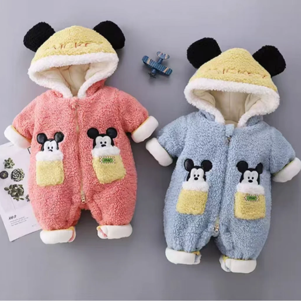 冬季新款0130米老鼠带帽连体哈衣加绒加厚宝宝秋冬季保暖连帽卡通