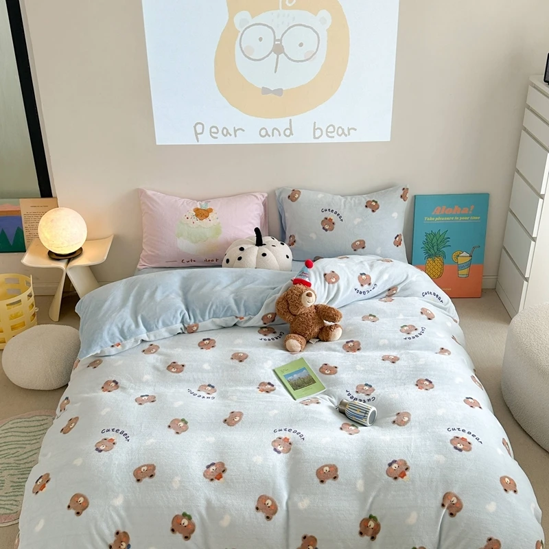 谜言2024新款ins风小清新大版印花三件套双面加厚牛奶绒四件套