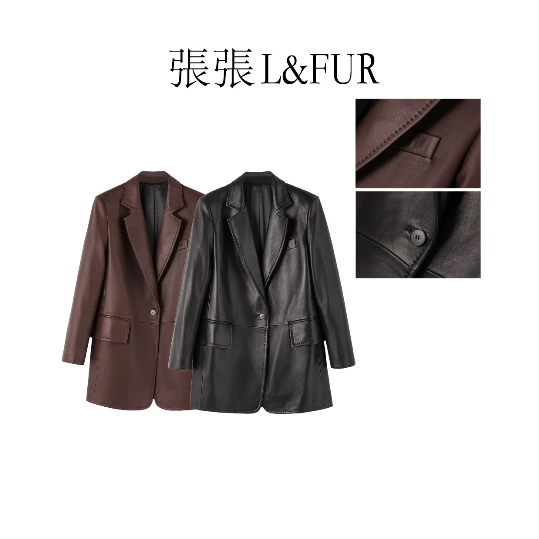 【弓ECHO】西班牙头层羔羊皮时尚翻领西装真皮外套显瘦皮衣女K5J063