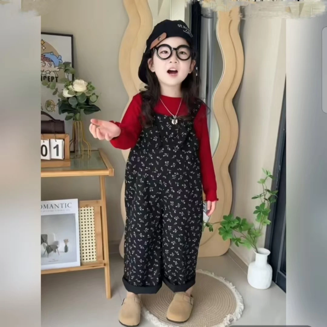 女童套装2024春秋新款韩版洋气两件套女宝碎花休闲背带裤时尚上衣