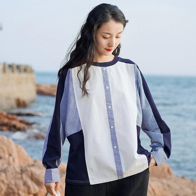 2339早秋新款圆领拼接长袖纯棉套头衬衫