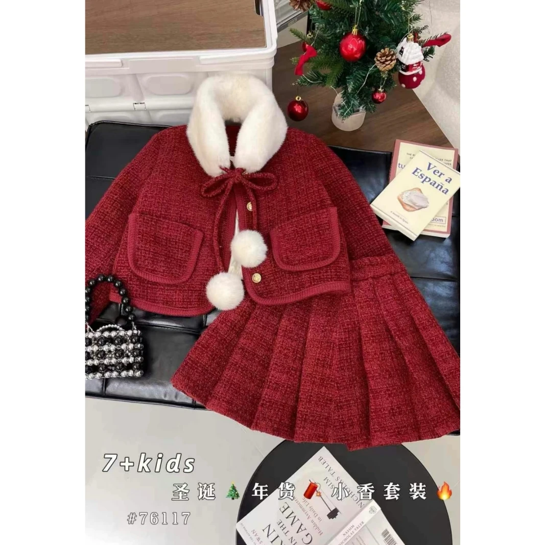 【羽绒！小香风】韩版女童装儿童冬季甜美毛呢大衣外套短裙套装