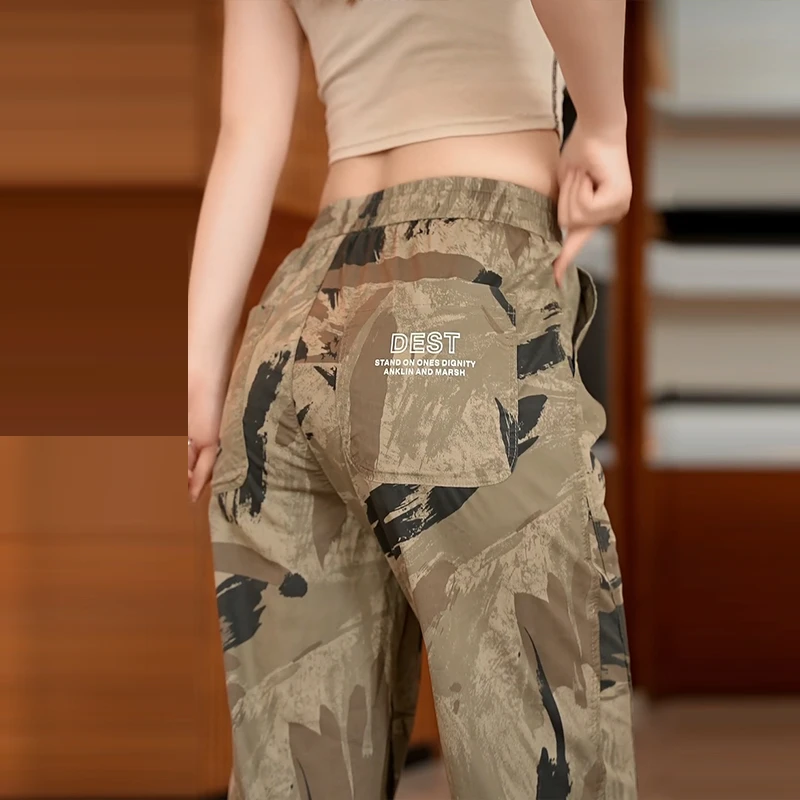 弹力工装裤休闲裤运动时尚春夏宽松速干迷彩印花夏季透气薄款九分