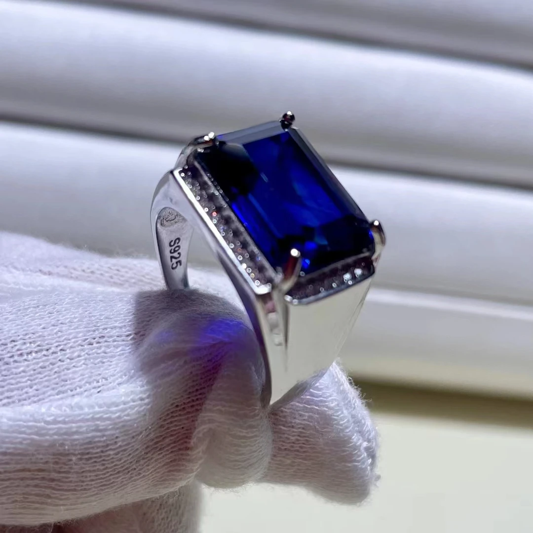 蓝宝石（处理）大气经典款方戒9×14mm男士蓝宝石戒指