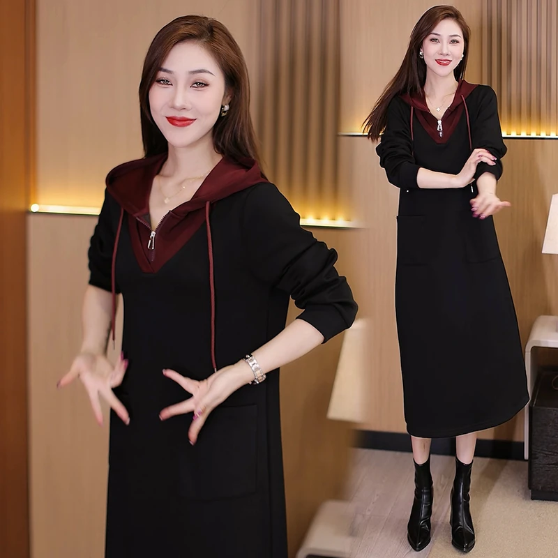 假两件连帽连衣裙女时尚长袖大码裙子秋装胖MM休闲遮肚中长