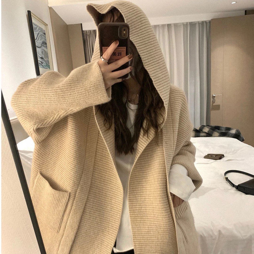 欧洲站廓形时尚连帽口袋大码针织开衫女设计感毛衣外套805