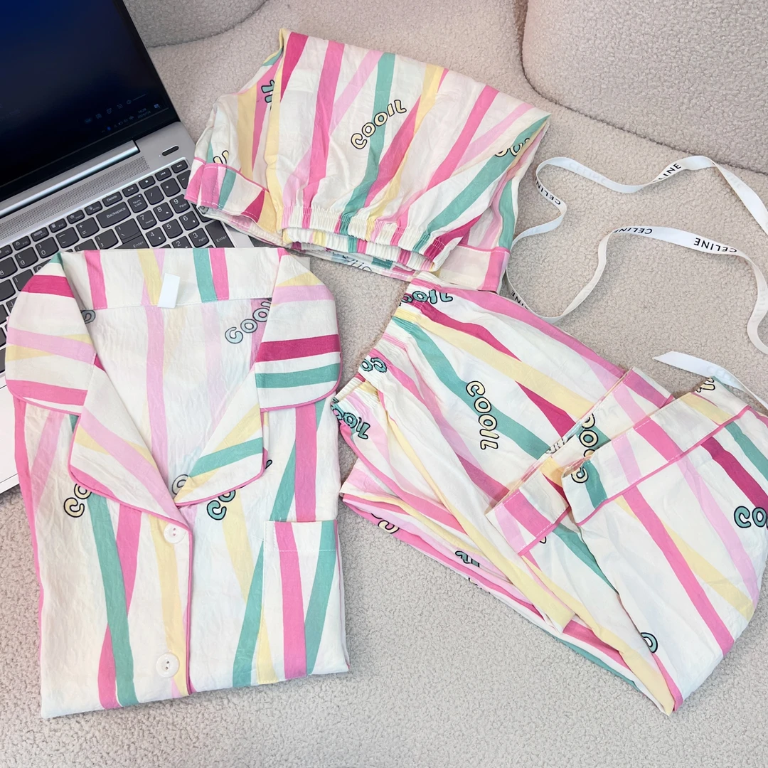 大吉24号-开衫短袖三件套睡衣女士大码韩版长裤春秋舒适家居服