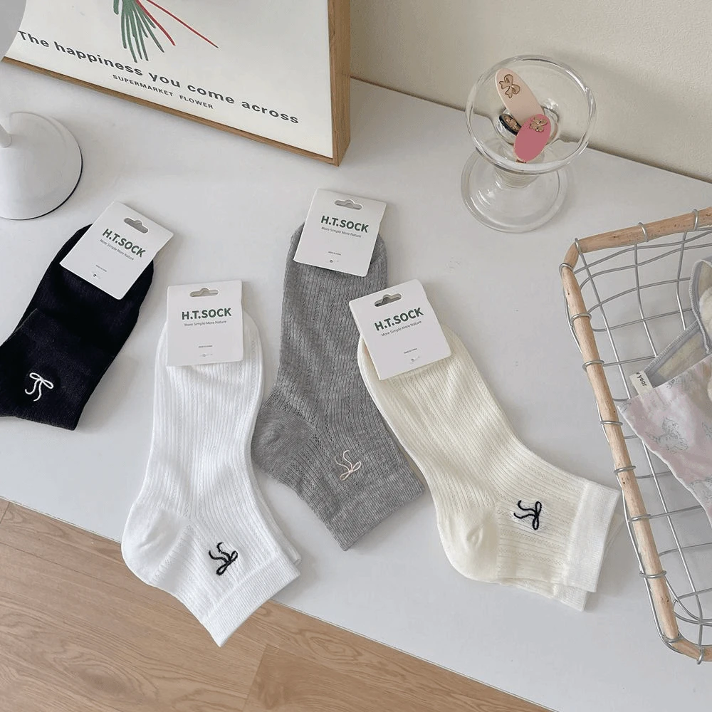 夏季薄款袜子女蝴蝶结夏天短筒透气ins纯色短袜日系百搭白色袜子