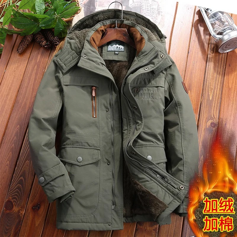 加绒加厚棉衣男冬季宽松休闲外套中老年多口袋棉袄抗寒中长款棉服