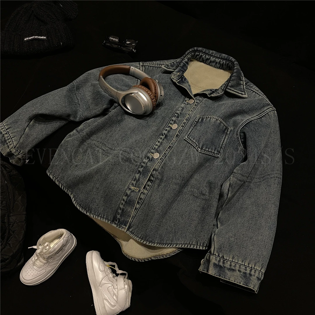 【可妈2024春款】韩版休闲翻领水洗加绒保暖中大童牛仔衬衫外套亲子