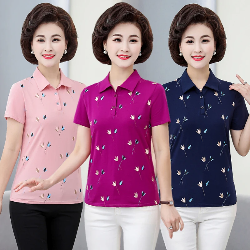 夏季新中老年女士休闲棉T恤妈妈装翻领印花衬衣大码短袖薄款上衣