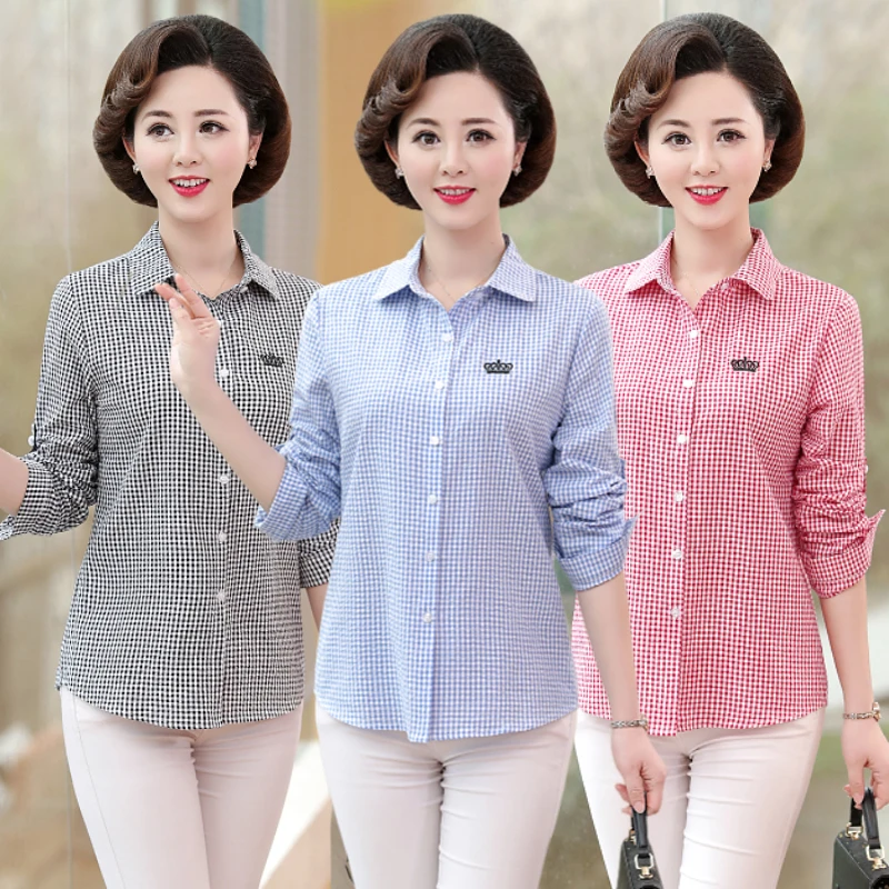 妈妈纯棉衬衫女长袖全棉秋装中老年婆婆上衣小格子衬衣女宽松大码