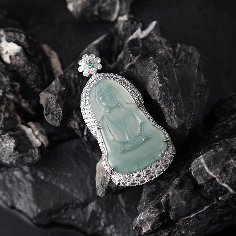 翠贤堂9999天然A货翡翠观音玉石吊坠镶嵌高冰坠链雕刻轻奢挂坠