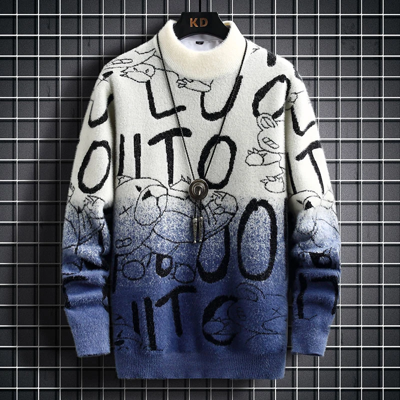 秋冬青少年水貂绒毛衣加厚双面绒男孩学生打底针织衫冬装线衣男